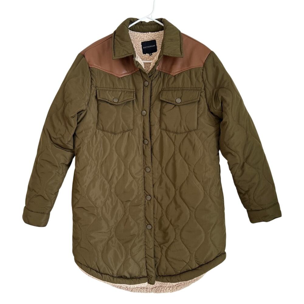 Dictionary Olive Sherpa-Lined Puffer Shacket w/ Faux Leather, Women’s Medium